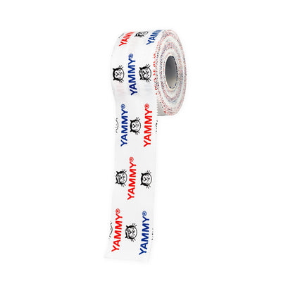 A roll of white tape featuring a repeating pattern of the red and blue 'YAMMY' logo and Hector cat faces, shown on a plain white background.