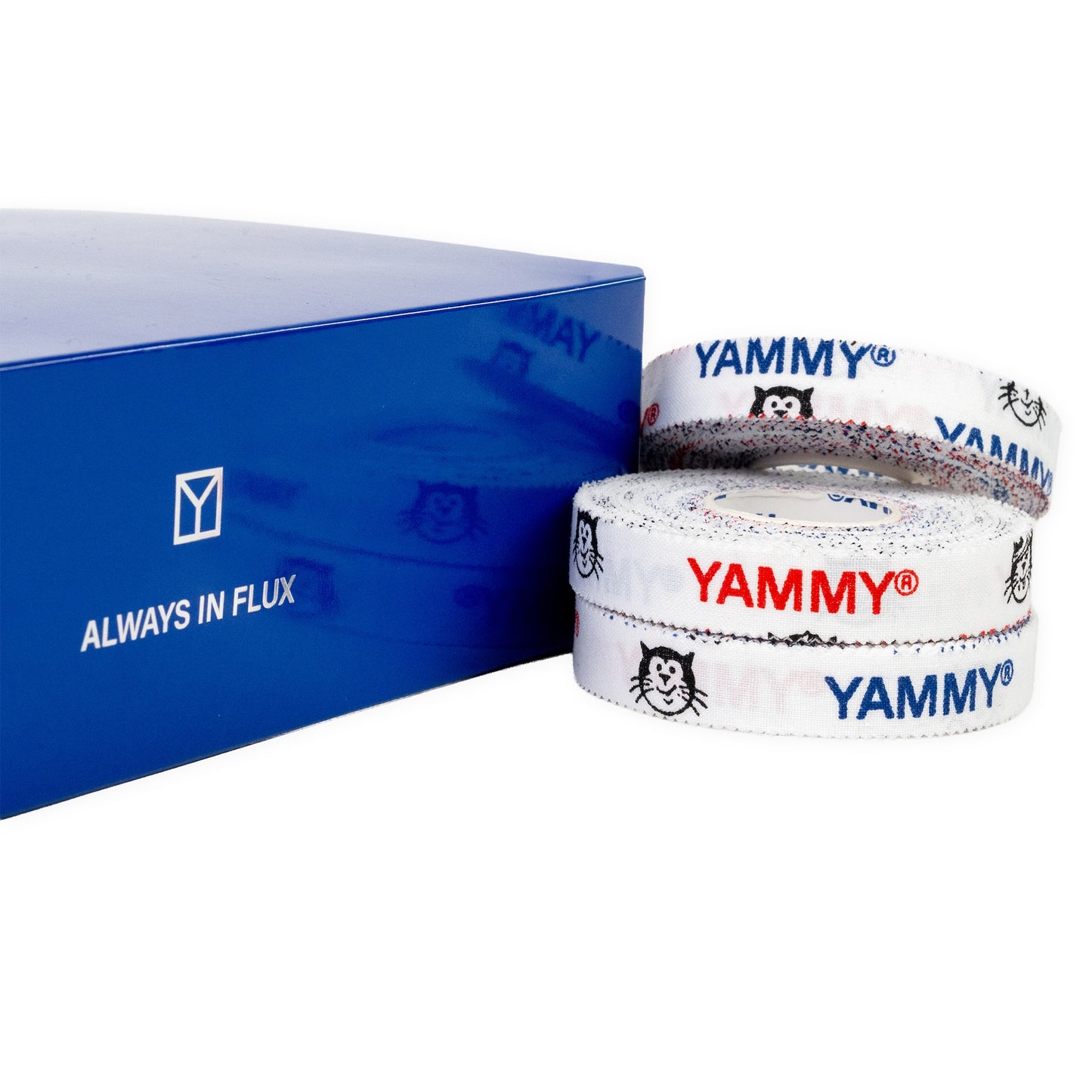 Three rolls of white elastic bandage tape with blue and red 'YAMMY' branding and cartoon cat faces, shown next to a blue product box with 'ALWAYS IN FLUX' text.