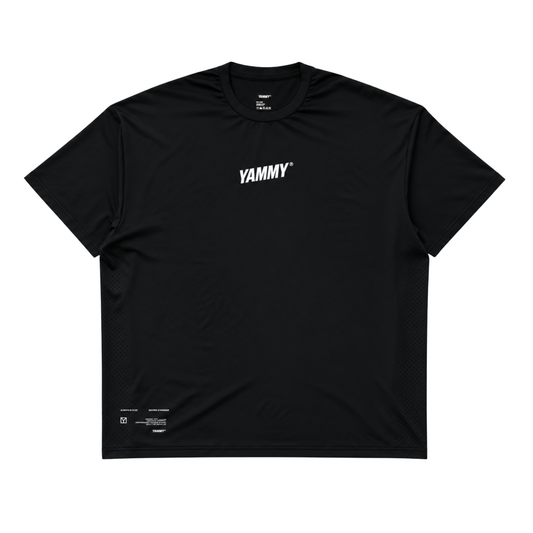 A black short-sleeve crewneck t-shirt with 'YAMMY' printed in white across the chest, displayed flat against a solid white background.